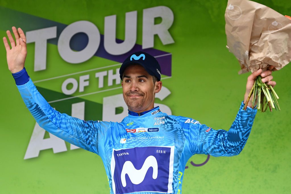BRUNICO ITALY APRIL 21 Sergio Samitier of Spain and Movistar Team celebrates at podium as Blue Mountain Jersey winner during the 46th Tour of the Alps 2023 Stage 5 a 1445km stage from Cavalese to Brunico on April 21 2023 in Brunico Italy Photo by Tim de WaeleGetty Images