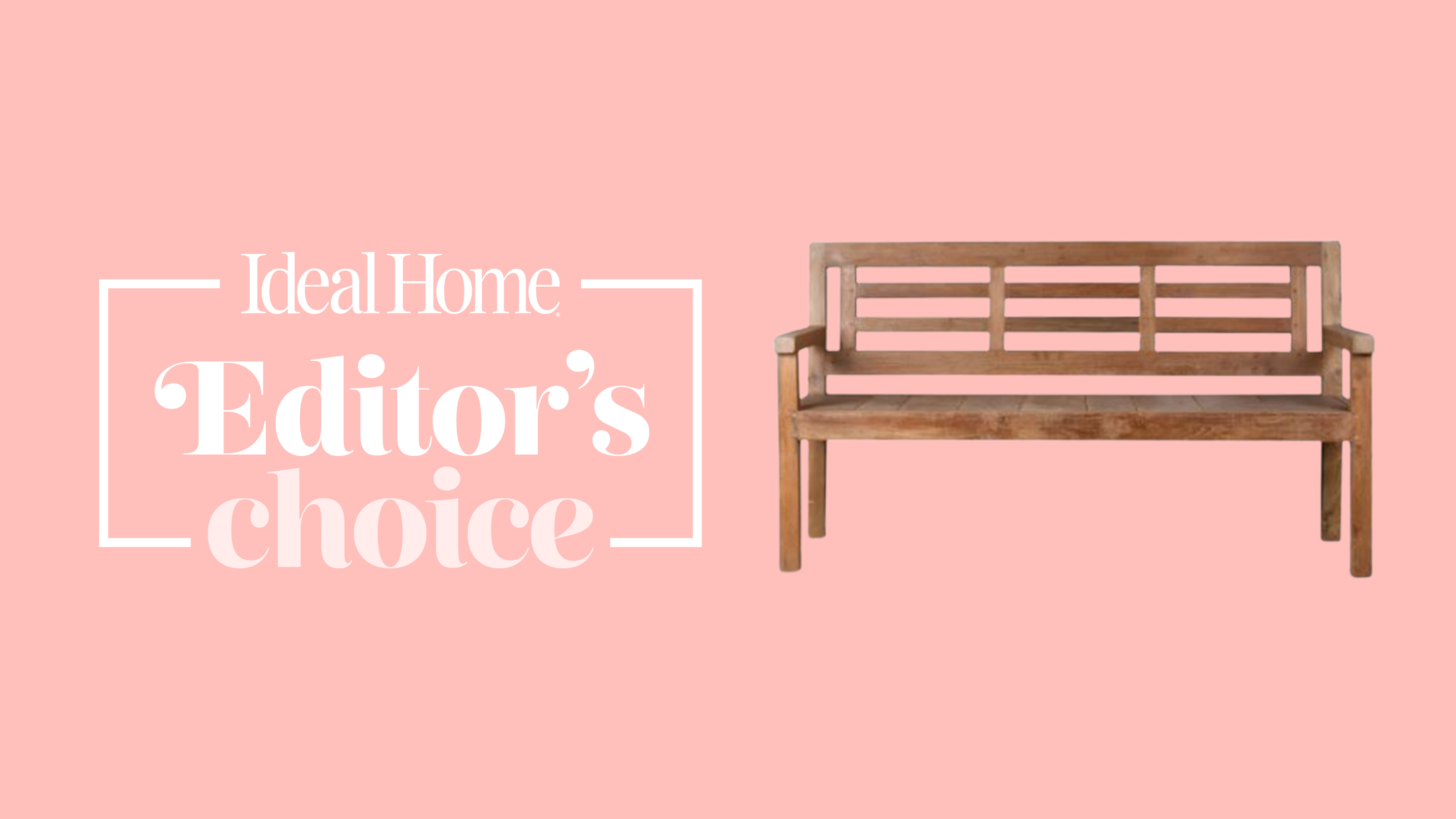 A wooden garden bench on a pink background
