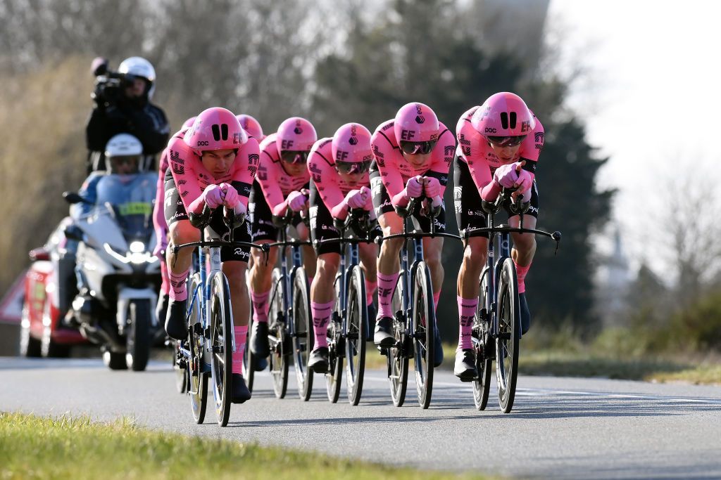 DAMPIERRE FRANCE MARCH 07 A general view of Neilson Powless of The United States Stefan Bissegger of Switzerland Owain Doull of United Kingdom Magnus Cort Nielsen of Denmark Andrea Piccolo of Italy Tom Scully of New Zealand Marijn Van Den Berg of The Netherlands and Team EF Education Easypost sprint during the 81st Paris Nice 2023 Stage 3 a 322km team time trial from Dampierre en Burly to Dampierre en Burly ParisNice on March 07 2023 in Dampierre France Photo by Alex BroadwayGetty Images