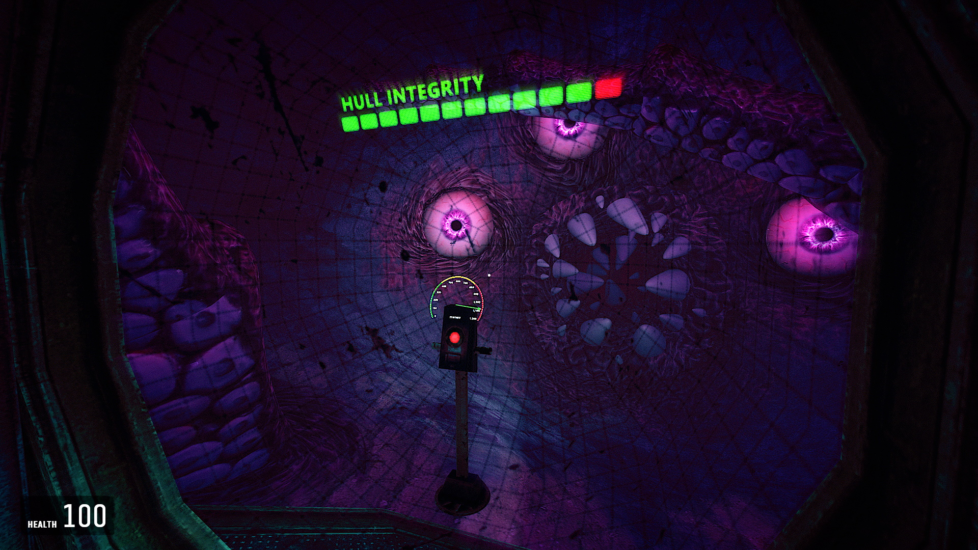 A purple, three-eyed monster viewed through the front-facing window of a submarine in The Temple