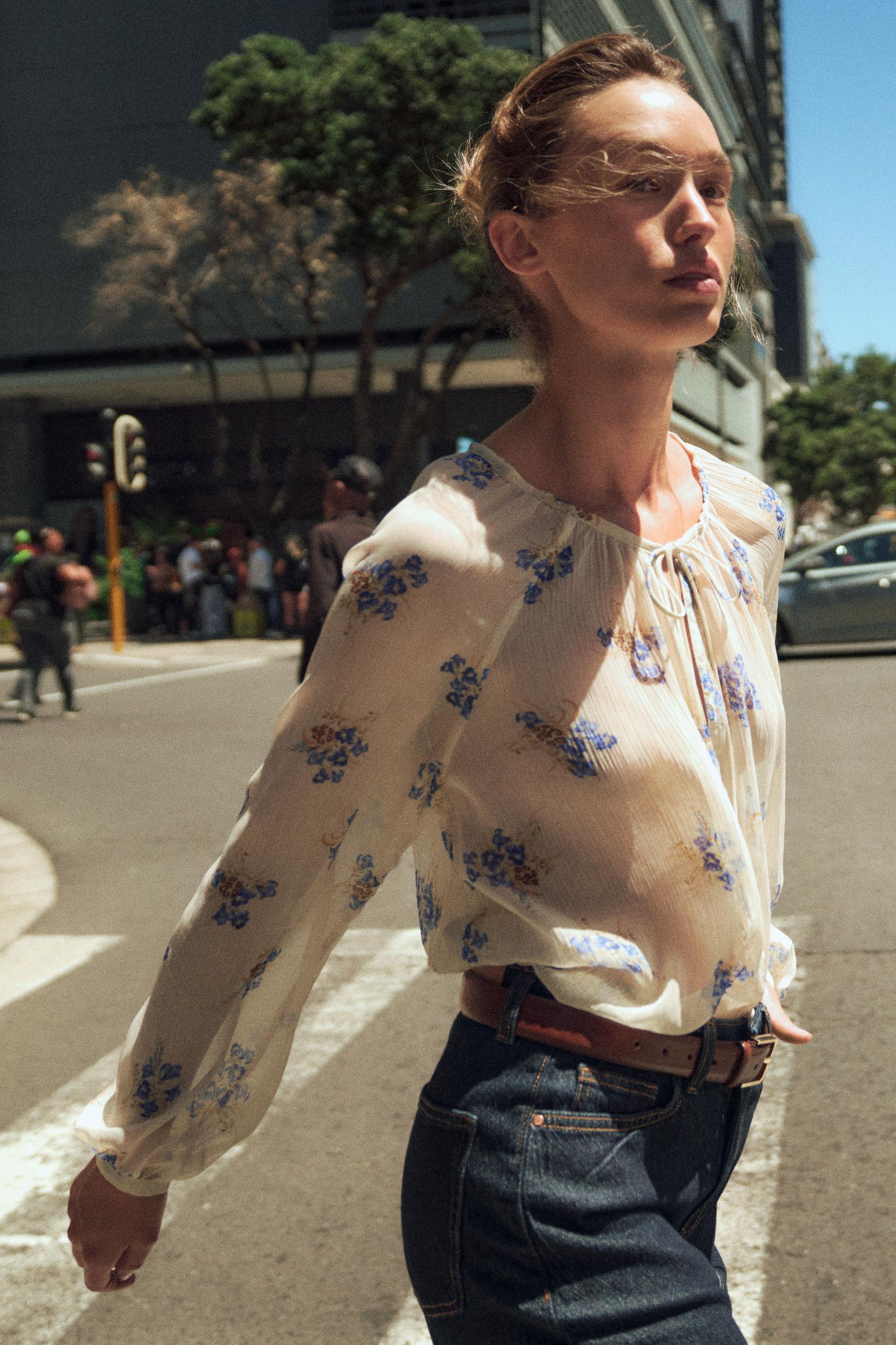 Semi-Sheer Floral Print Blouse