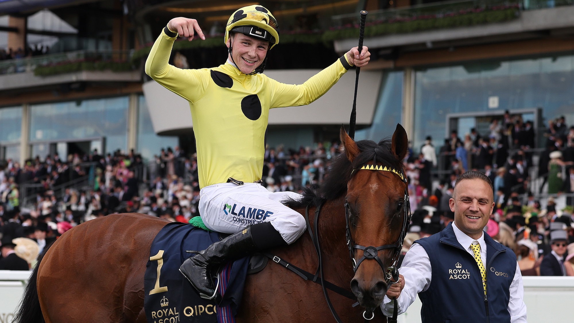 ASCOT, ENGLAND - JUNE 16: Billy Loughnane celebrates after riding Bow Echo to win the St James's Palace Stakes on Day One during Royal Ascot 2026 at Ascot Racecourse on June 16, 2026.