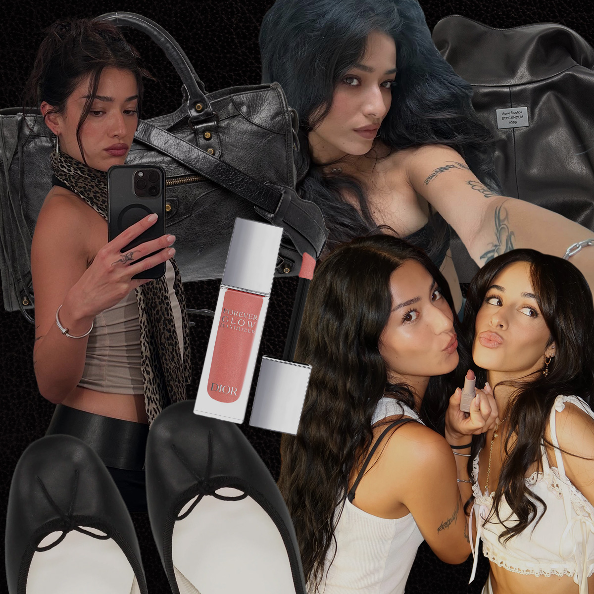 A collage of images of celebrity makeup artist Yasmin Istanbouli and celebrity clients Charli XCX, Olivia Rodrigo, and Camila Cabello.