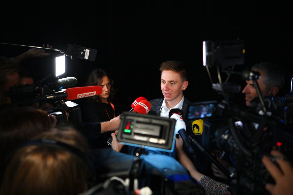Tadej Pogacar (UAE Team Emirates) speaks to the press after the 2023 Tour de France route presentation