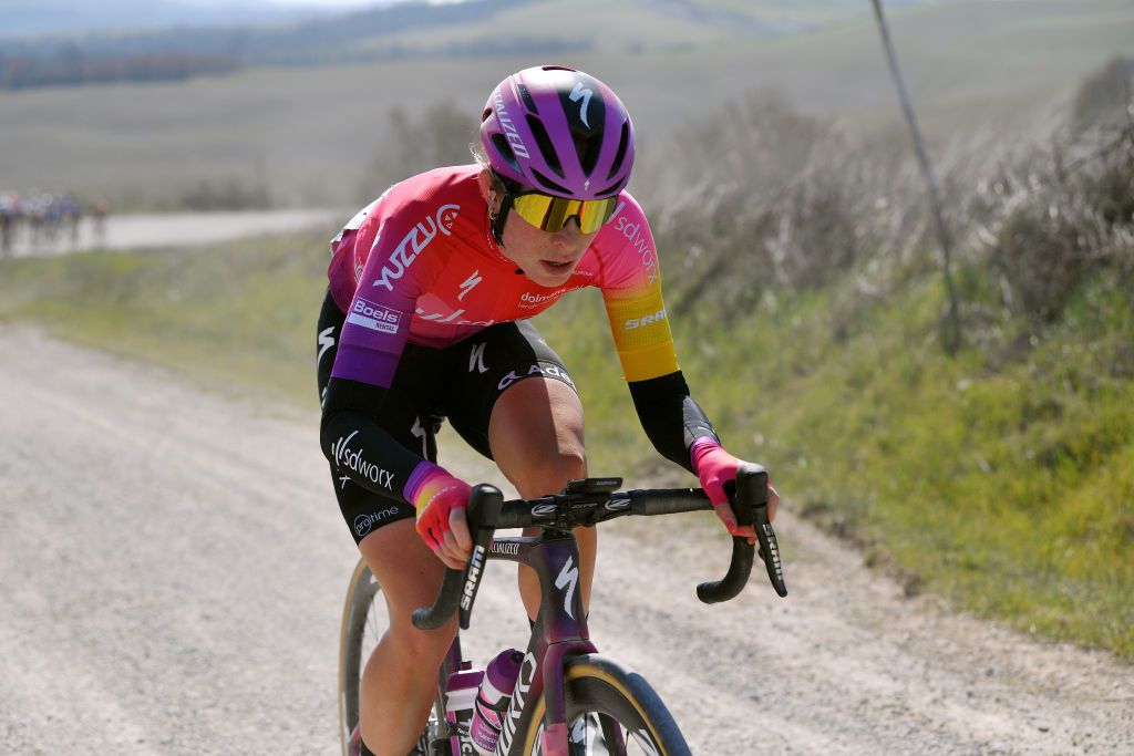 SIENA ITALY MARCH 05 Demi Vollering of Netherlands and Team SD Worx competes through gravel roads during the Eroica 8th Strade Bianche 2022 Womens Elite a 136km one day race from Siena to Siena Piazza del Campo 321m StradeBianche on March 05 2022 in Siena Italy Photo by Luc ClaessenGetty Images