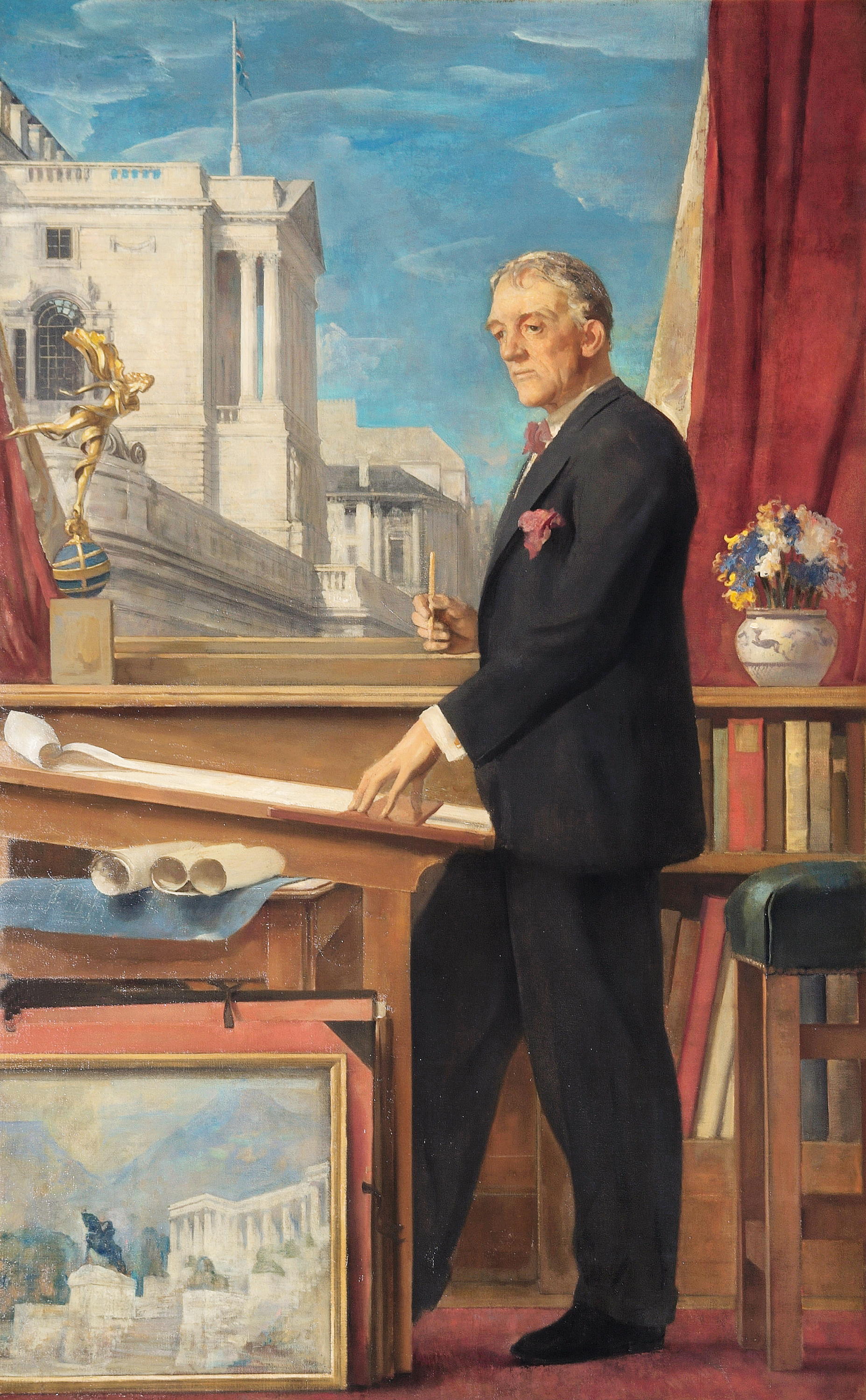 Alfred Kingsley Lawrence&amp;rsquo;s portrait of Herbert Baker, showing the Bank of England behind and the Rhodes Memorial at his feet