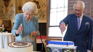 Queen Elizabeth and King Charles cutting cakes at different events