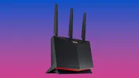 Asus RT-AX86U (AX5700) gaming router on a purple gradient background