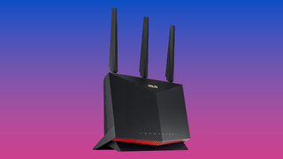 Asus RT-AX86U (AX5700) gaming router on a purple gradient background