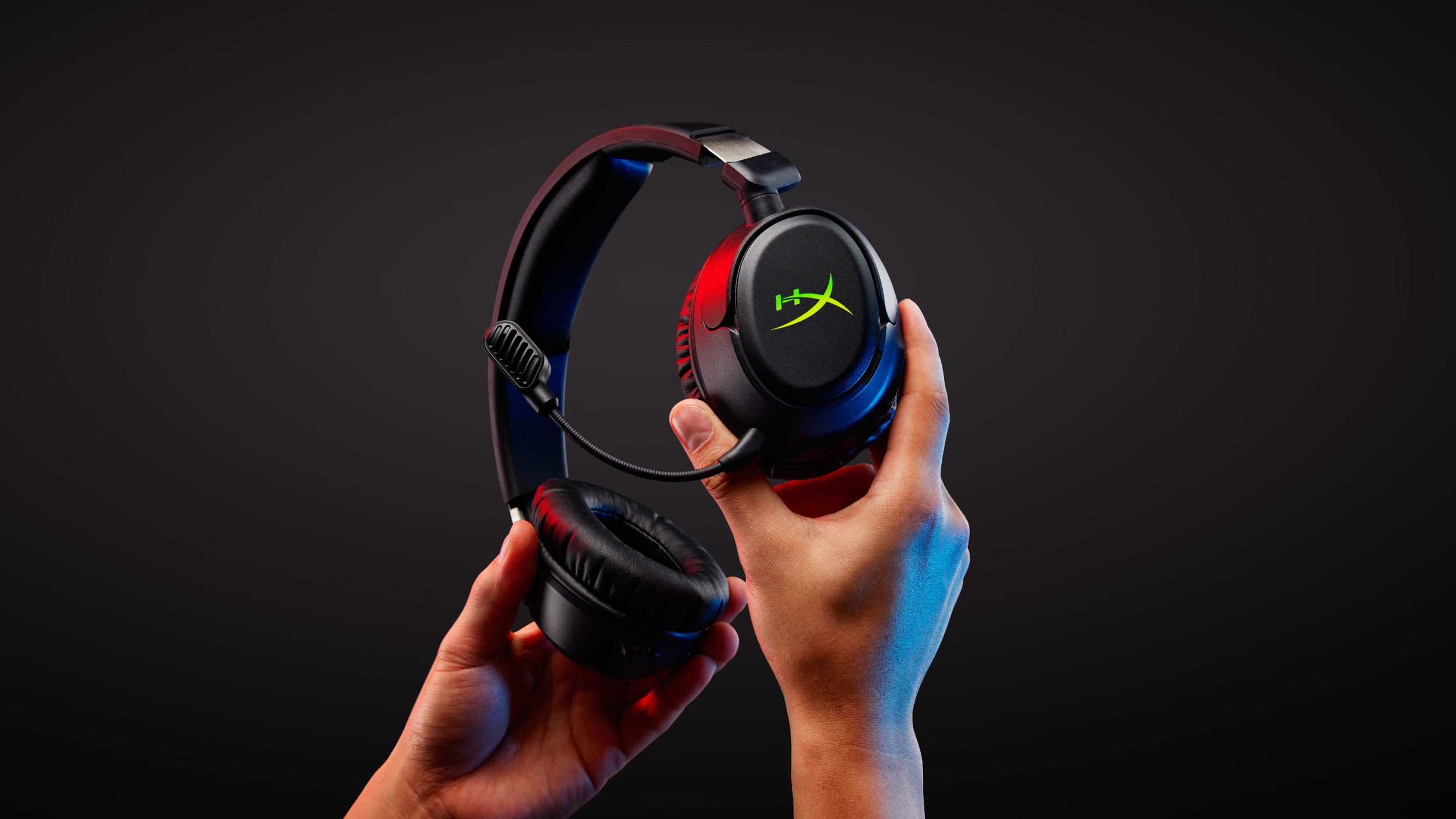A close up look at a HyperX wireless gaming headset.