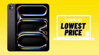 Black iPad pro M4 against yellow gradient background with lowest price badge