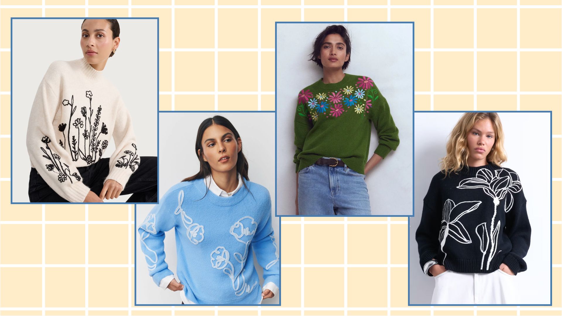 four models wearing floral knitwear