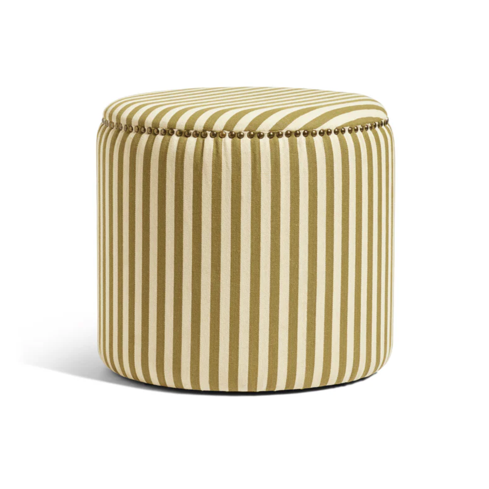 a cream and brown striped ottoman with brass studs along the top