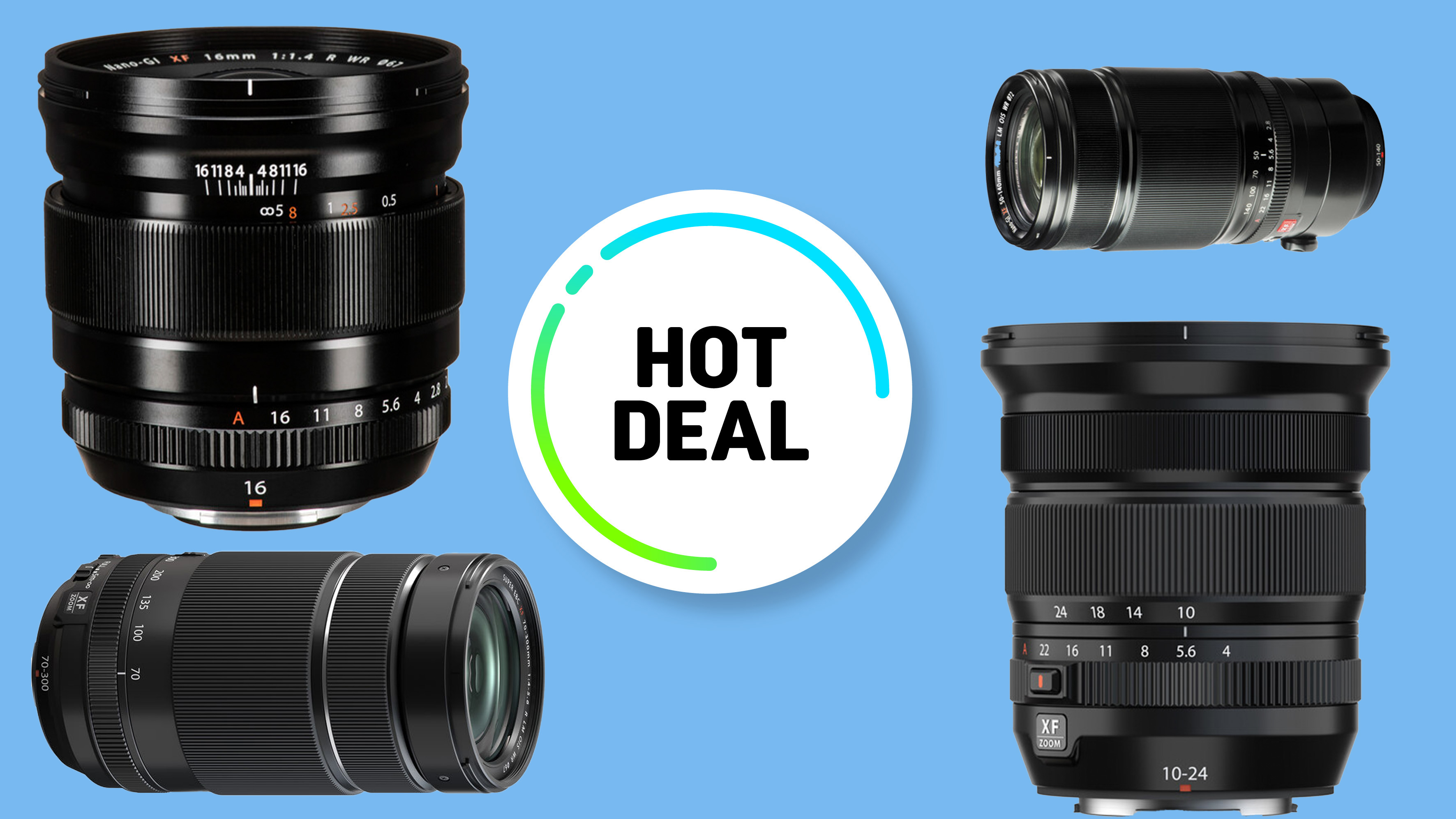 A selection of Fujifilm lenses on a blue background