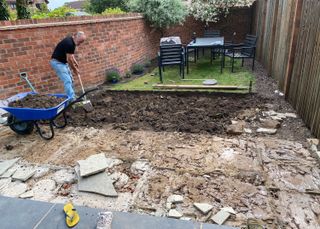 Sera's dad digging her garden, and the garden dug up during the transformation process. Sekerci's dad helped her transform her garden when trapped in the UK during lockdown
