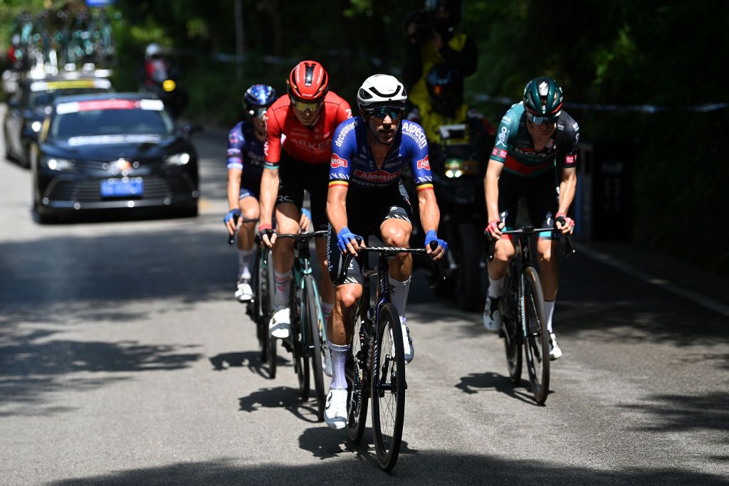 BEIHAI CHINA OCTOBER 12 Omer Goldstein of Israel and Team IsraelPremier Tech Louis Barre of France and Team ArkeaSamsic Dries De Bondt of Belgium and Team AlpecinDeceuninck and Frederik Wandahl of Denmark and Team BORAHansgrohe compete in the breakaway during the 4th GreeTour of Guangxi 2023 Stage 1 a 1356km stage from Beihai to Beihai UCIWT on October 12 2023 in Beihai China Photo by Tim de WaeleGetty Images