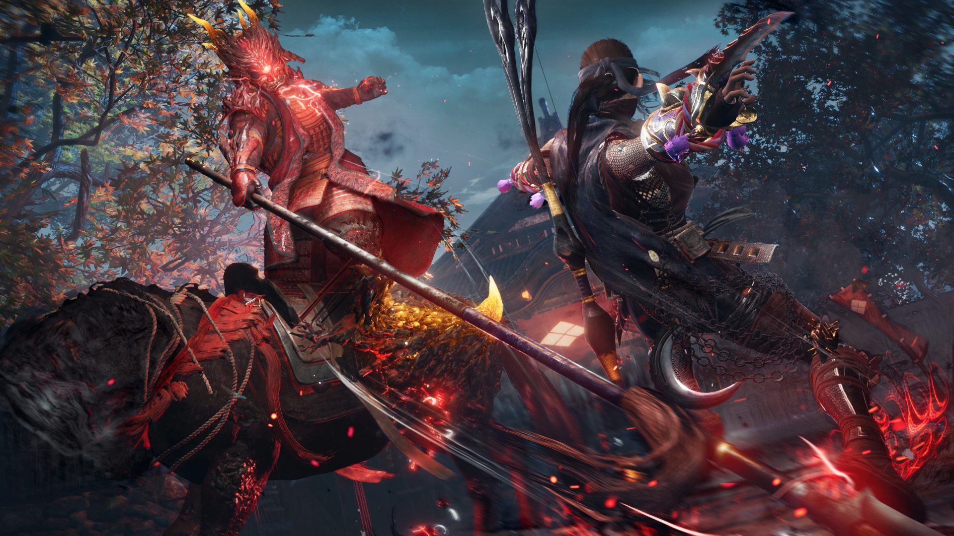 Protagonist Takechiyo, in ninja attire, takes on a boss riding a demonic horse