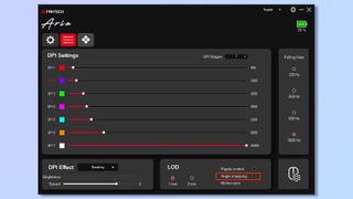 Screenshot of the Fantech Aria XD7 companion app, with the angle snapping feature highlighted