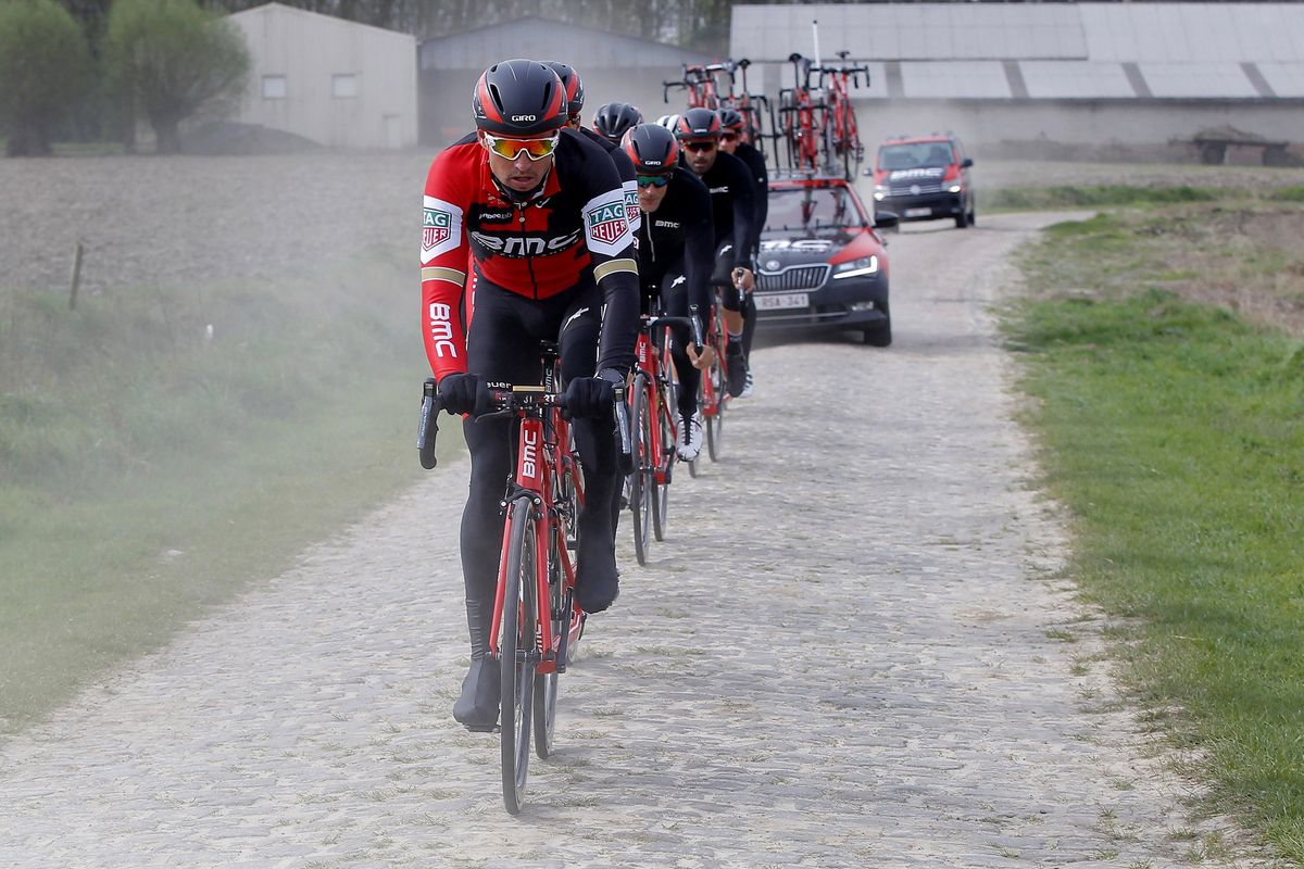 Greg Van Avermaet (BMC Racing) during a training - reconnaisance of the cobblestones sections of Paris-Roubaix