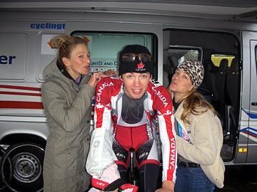 Kevin is supported by Wendy Simms (l) and Howe (r)