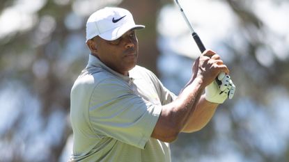 Charles Barkley take a shot during a practice round of the 2022 ACC Golf Championship in Nevada