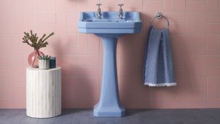 Blue sink against a pink backdrop to highlight interior colour trends 2024