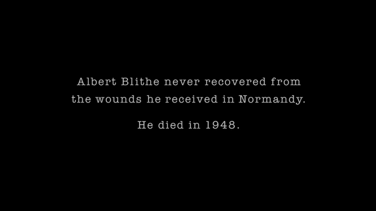 The title card at the end of Episode 3 of Band of Brothers, which reads, "Albert Blithe never recovered from the wounds he received in Normandy. He died in 1948."