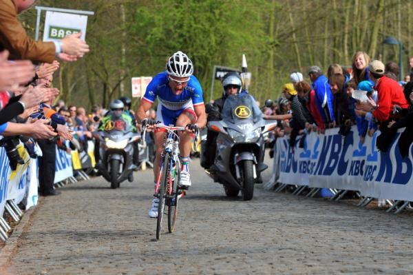 French champion Thomas Voeckler on the Kemmelberg cobbles.