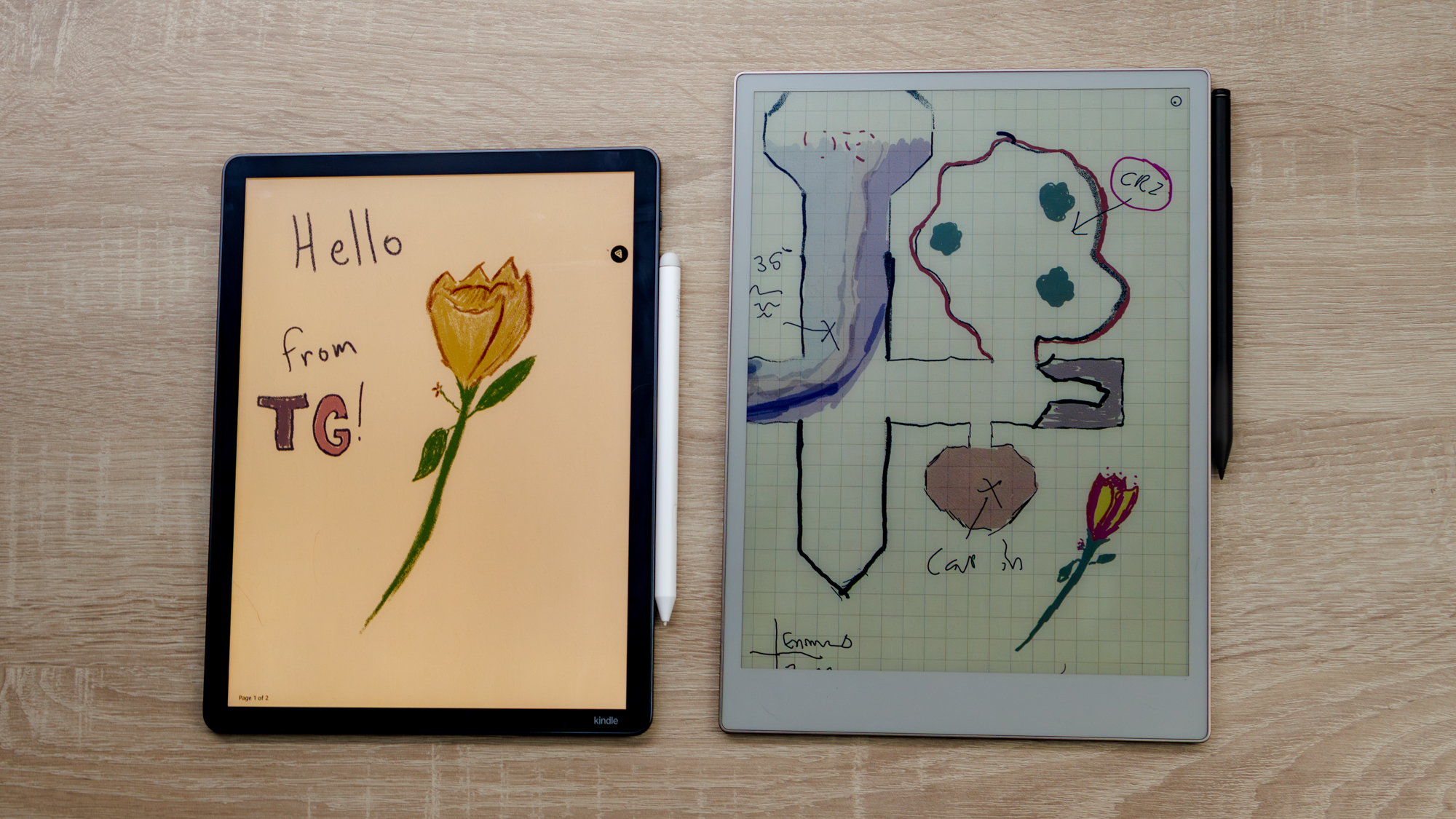 Kindle Scribe Colorsoft vs ReMarkable Paper Pro on a table alongside each other