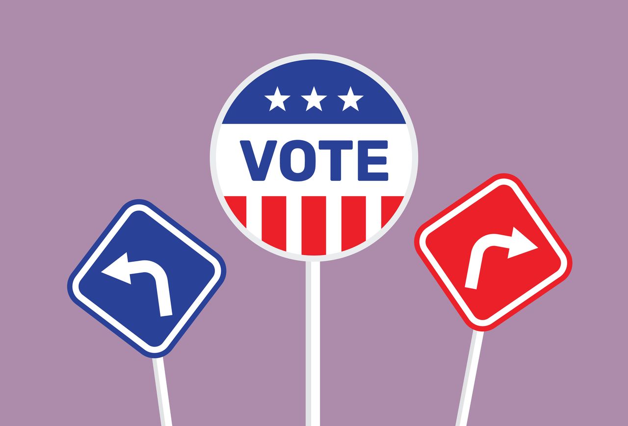 red and blue signs showing different ways to vote