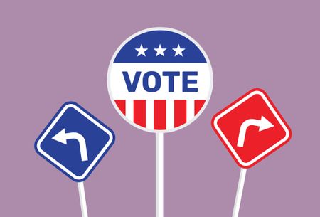 red and blue signs showing different ways to vote