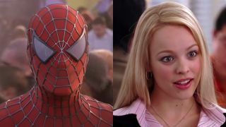 Spider-Man (Tobey Maguire) looks ahead in Spider-Man, while Regina George (Rachel McAdams) has a conversation in Mean Girls.