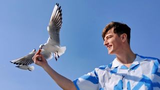 Man feeding birds from his hand against a blue sky