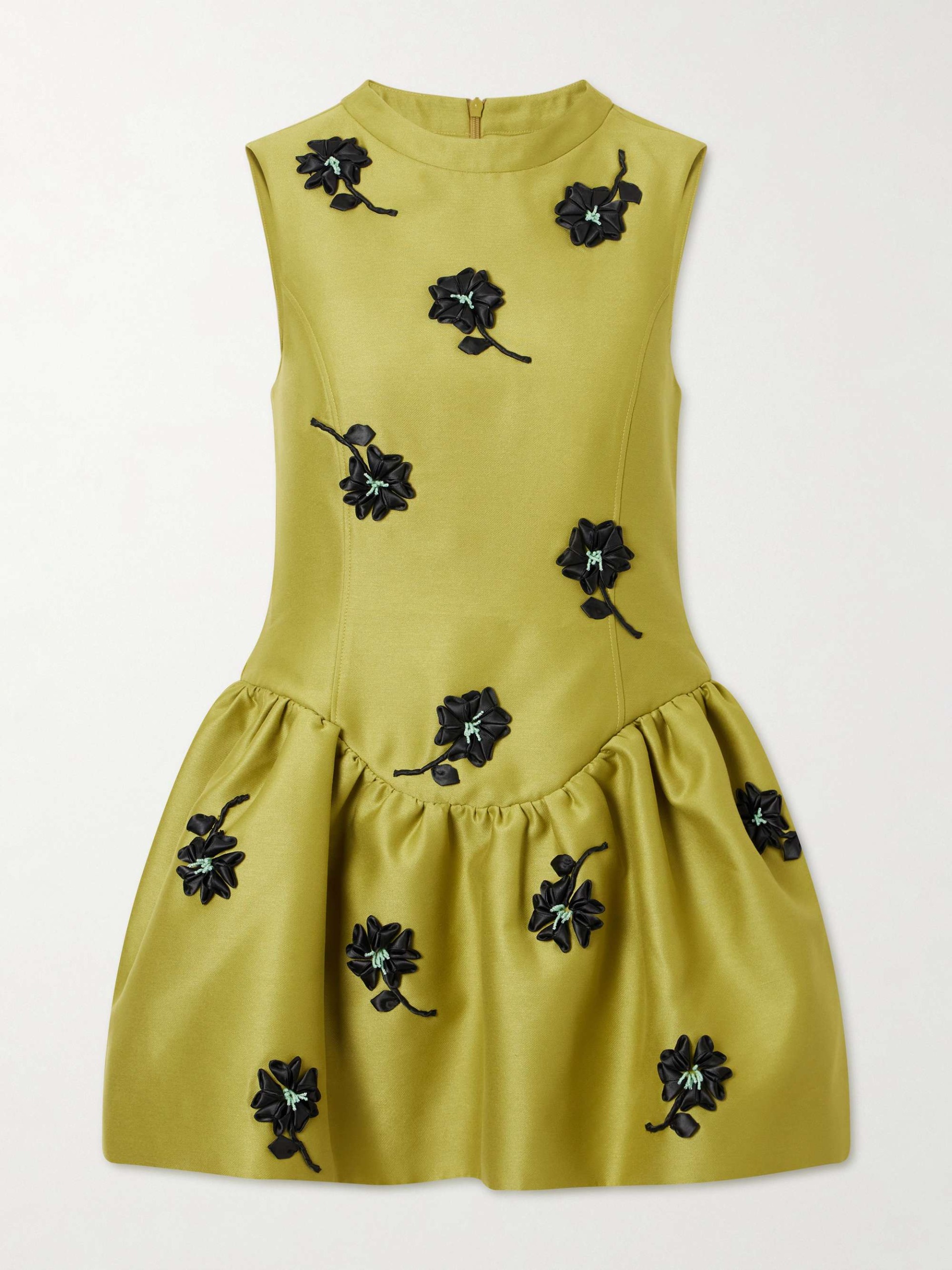 Floral-Appliqu&amp;eacute; Gathered Satin Mini Dress