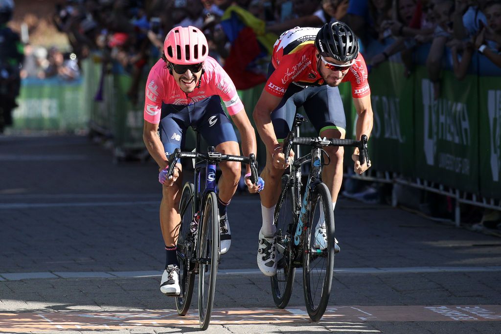 Lachlan Morton outsprints Hayden McCormick at the Tour of Utah