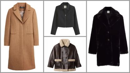 product collage of Abercrombie Suiting Zip Jacket, Gap Reversible Recycled Vegan Leather Sherpa Jacket, J.Crew Savoy Topcoat in Italian Wool-Blend Melton, Elie Tahari Noir Faux Fur Coat on white background with grey border 