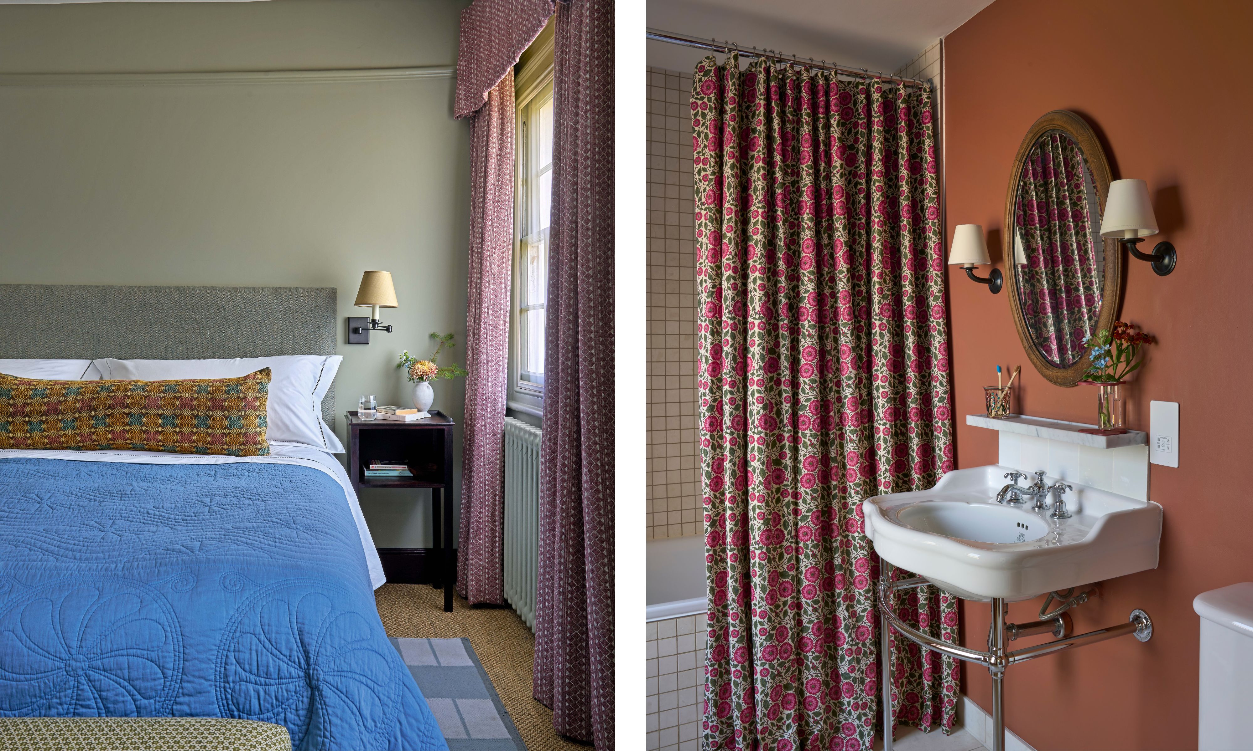 Split image: The left side is a bedroom with sage-green walls, a blue quilted bedspread, and pink and white patterned curtains. The right side is a bathroom with terra-cotta orange walls and a bathtub enclosed by a shower curtain with a pink and red floral pattern.