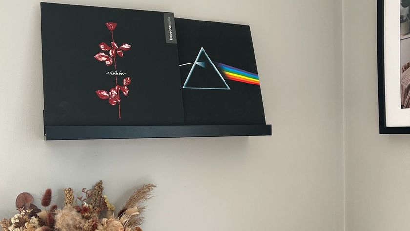 IKEA MOSSLANDA Picture ledge in black, holding 2 vinyls 