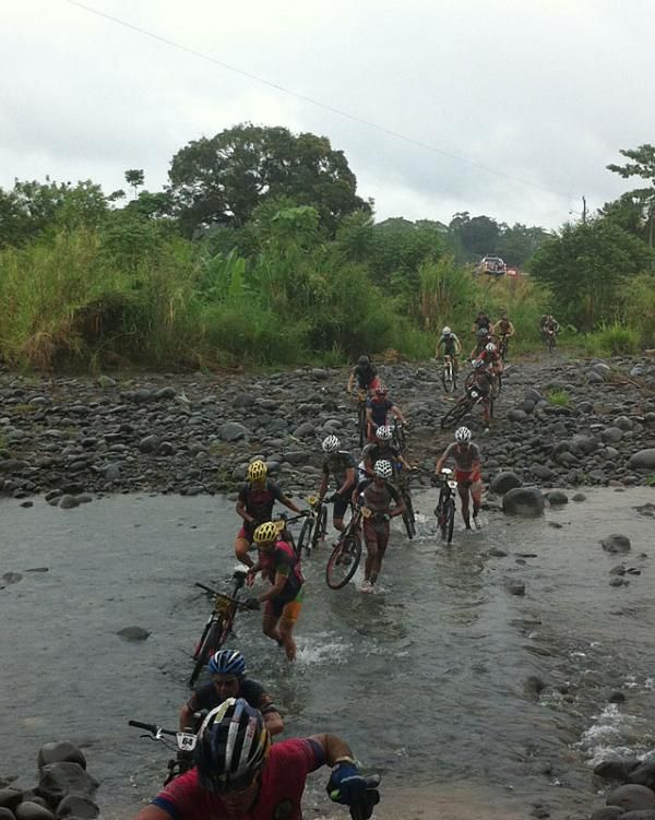 Some racers tried to ride while others walked or ran from the start of the crossing