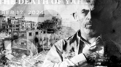 Composite illustration of Yahya Sinwar and scenes of destruction in Gaza