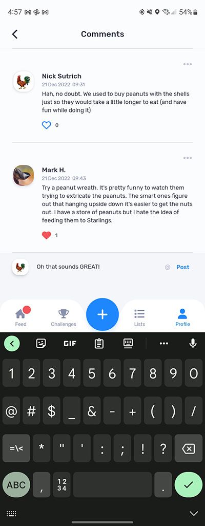 Screenshots from the Birda app