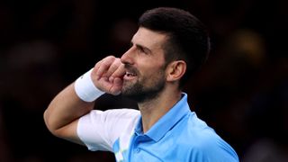 Novak Djokovic of Serbia celebrates ahead of his search for a record seventh title at the ATP Finals 2023.