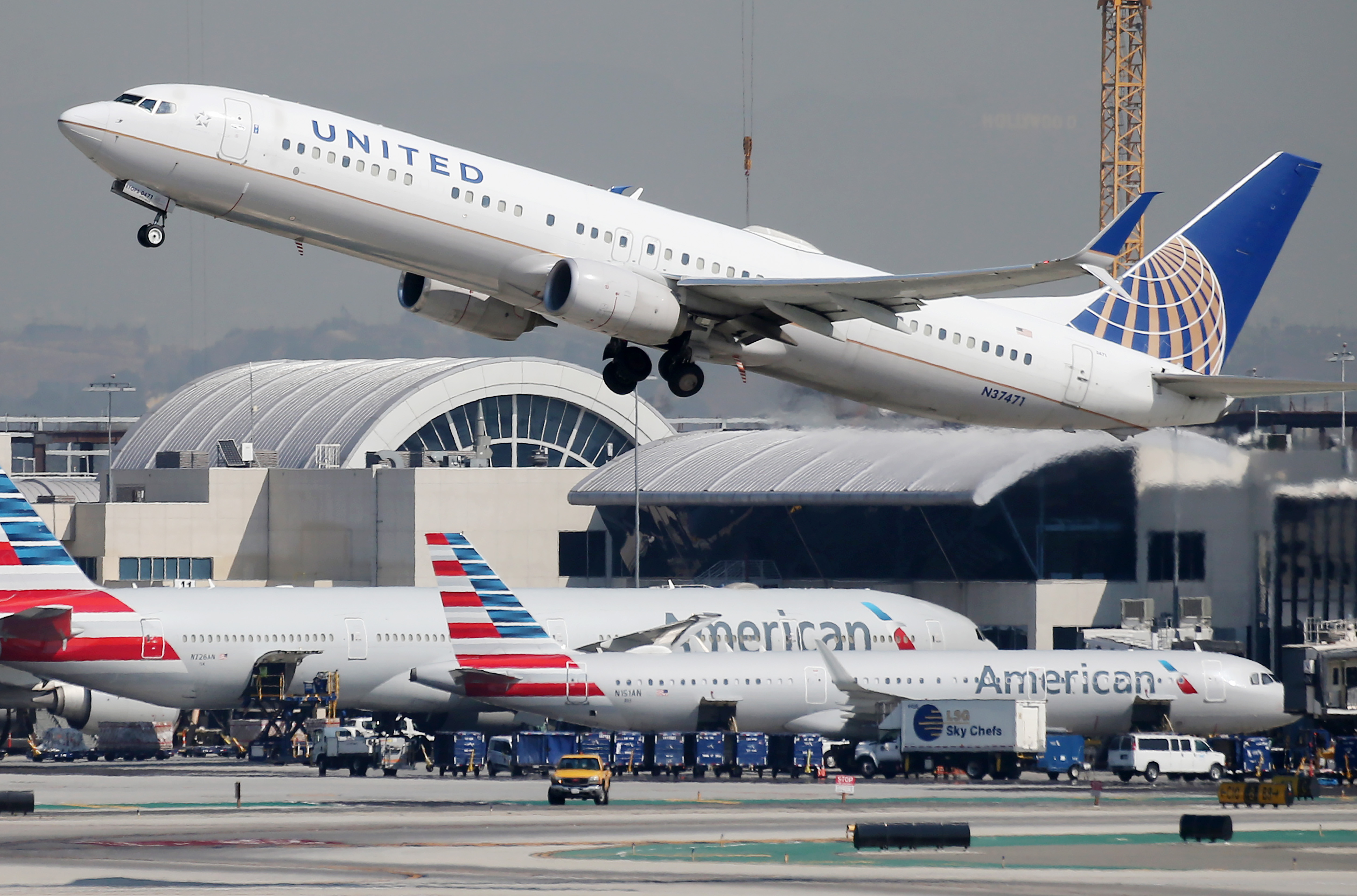 A plane taking off at Los Angeles International Airport.