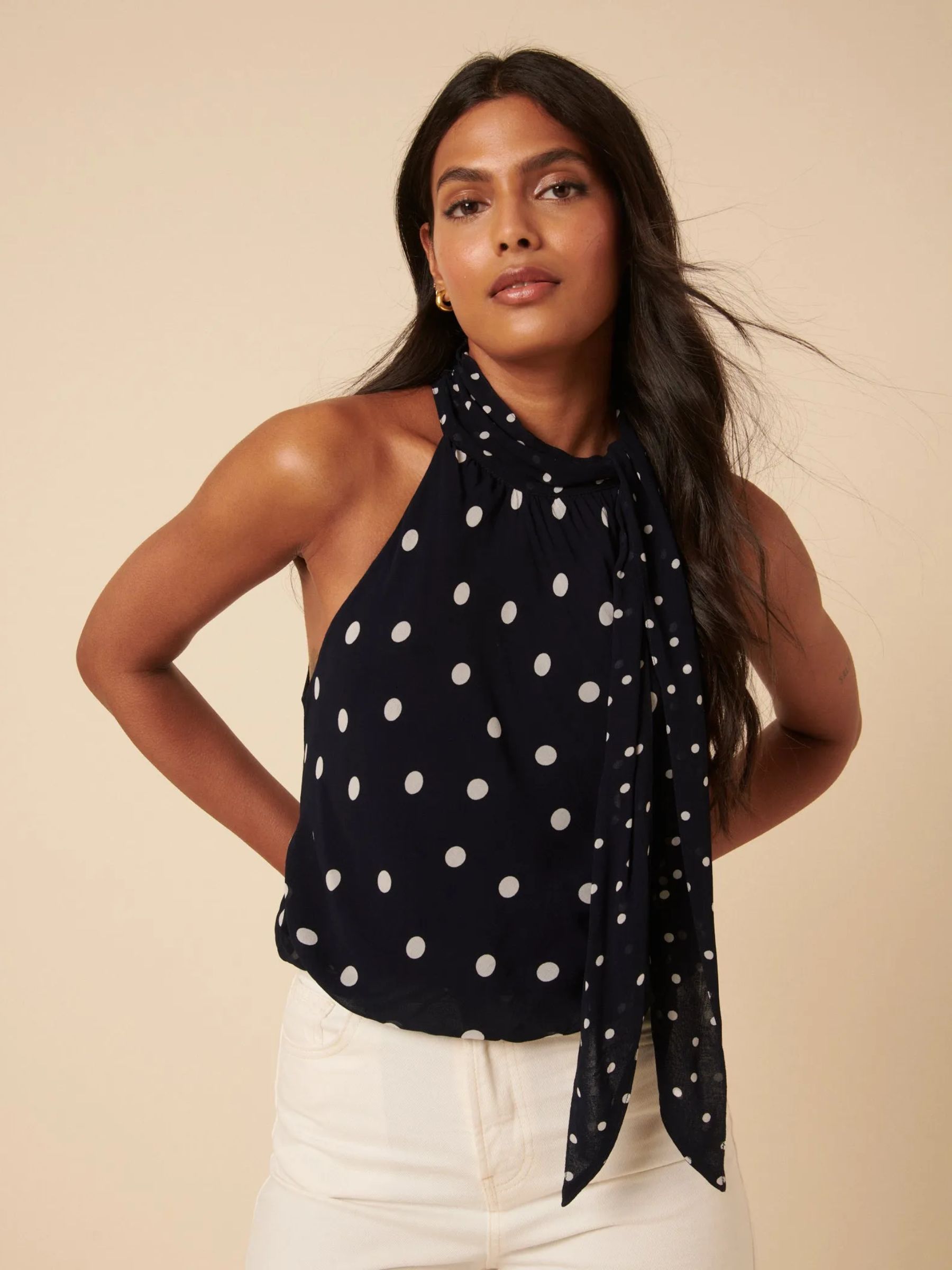 Poppy Delevingne Navy Tie Neck Alexa Bodysuit Top on model