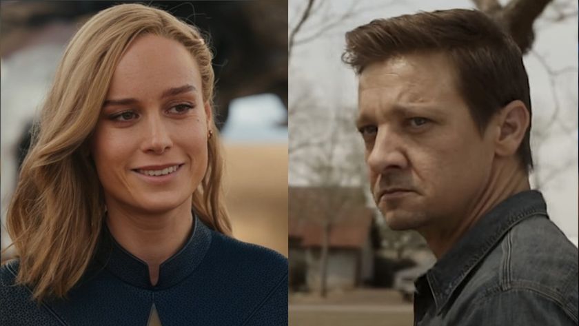 Brie Larson smiling in The Marvels/Jeremy Renner looking serious in Avengers: Endgame