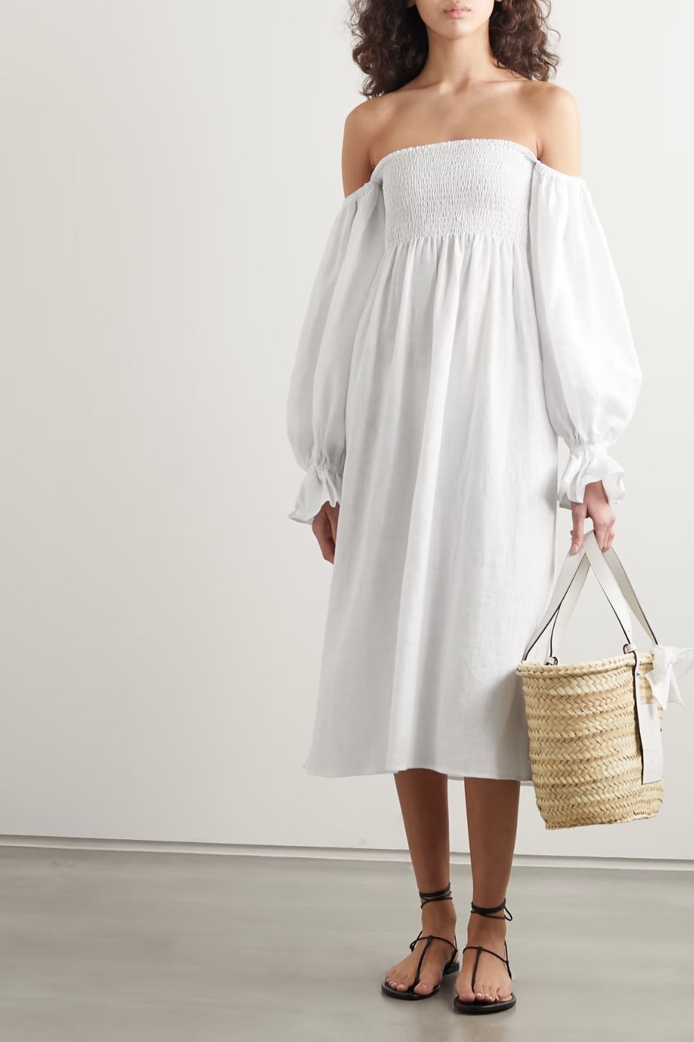 Sleeper Atlanta off-the-shoulder shirred linen midi dress