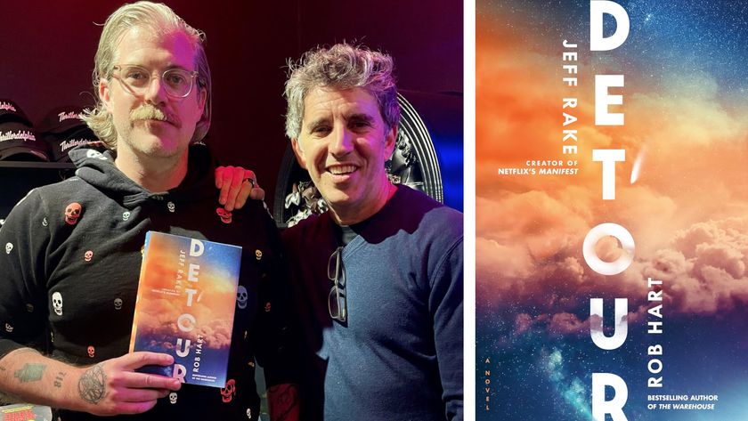 Two men on a book tour holding their novel, shown alongside a full image of the book cover