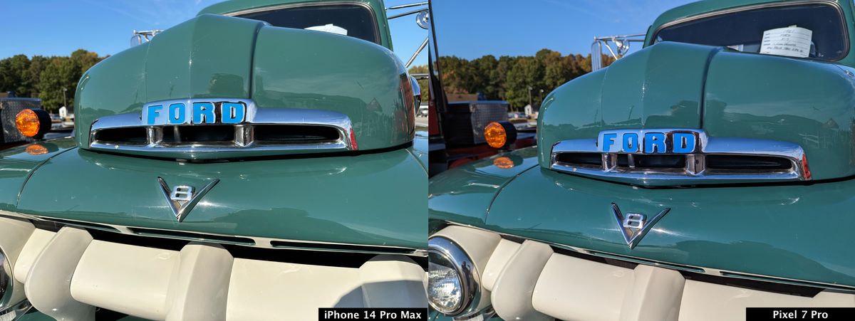 iPhone 14 Pro Max vs Pixel 7 Pro - close-up on Ford logo