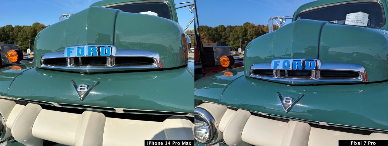 iPhone 14 Pro Max vs Pixel 7 Pro - close-up on Ford logo