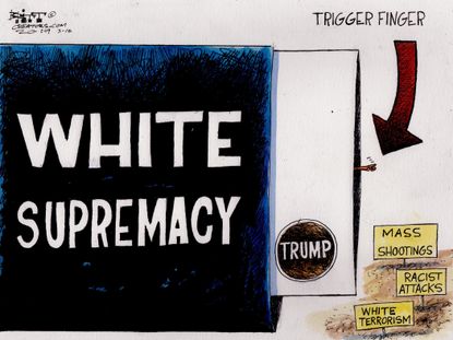 Editorial Cartoon World Trump trigger finger mass shootings white supremacy